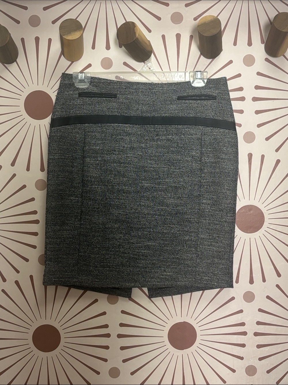 Express Gray Tweed Pencil Skirt with Black Vegan Leather Band - 4